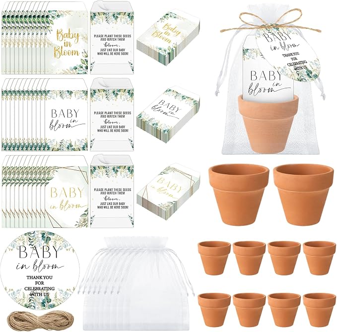 Reallnaive Baby Shower Party Favors Baby in Bloom Envelopes Seed Packets Include 48 Mini Terracotta Pots Seed Packets 48 Self Adhesive Envelopes Thank You Tags for Party(Greenery)