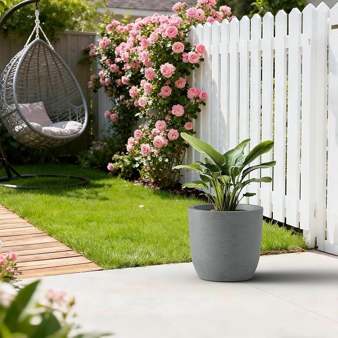 Kante 13.4" Dia Round Concrete Planter, Large Outdoor Modern Indoor Decorative Plant Pots with Drainage Hole and Rubber Plug for Home and Garden, Natural Concrete
