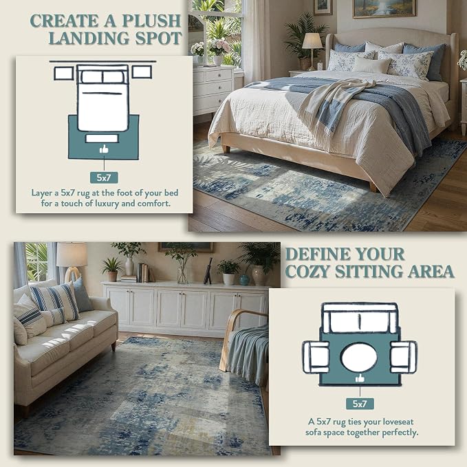 Lahome Modern Abstract Washable Area Rugs 5x7, Soft Living Room Rug Non Slip Stain Resistance, Faux Wool Floor Carpet for Bedroom Dining Room Nursery Kids Playroom,Blue/Grey