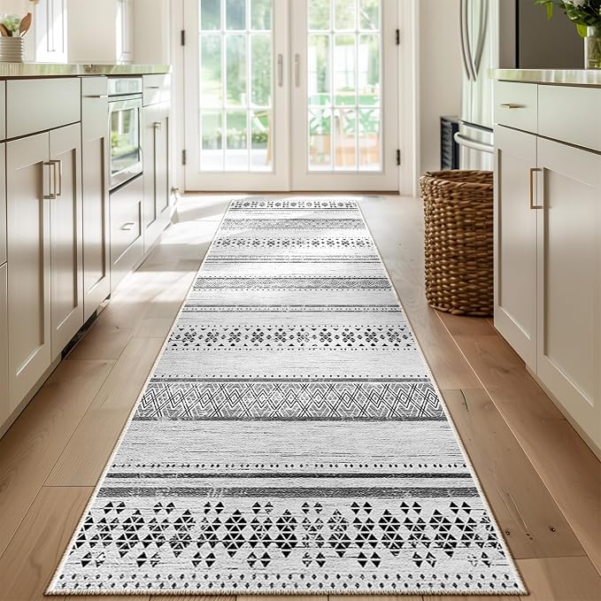 2x8 Washable Area Rugs for Living Room Boho Runner Rug Grey/Black/Navy | Vacuum Friendly, Machine Washable, Non-Slip Rug, Stain Resistant, Moroccan Geometric, Low Pile Carpet, Hallway Kitchen