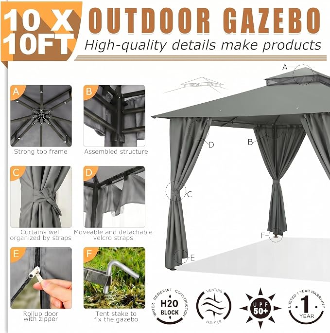 COBIZI 10x10 Gazebo with Double Roof & Mosquito Netting Outdoor Heavy-Duty Party Tent, Patio Tent with Zipper Screens - Backyard Garden Lawn Shelter Includes Wind Ropes Expansion Bolts, Grey