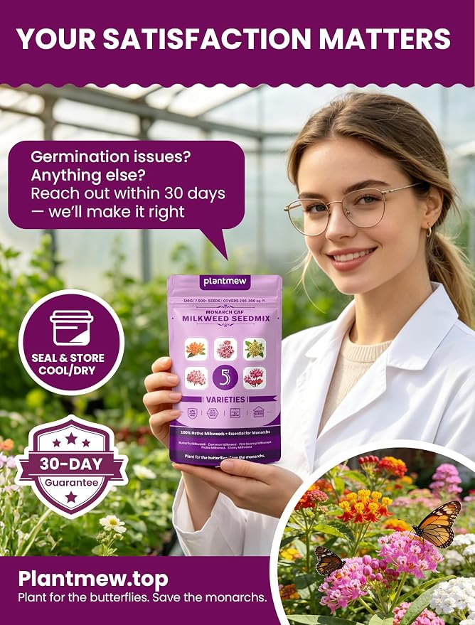 Wildflower Seeds – Monarch Cafe Milkweed Mix, 5 Heirloom Varieties 100% Native Milkweeds, 7,500+ Seeds (4oz) Covers 240-300 sq.ft., High Germination for Monarch Butterfly Garden