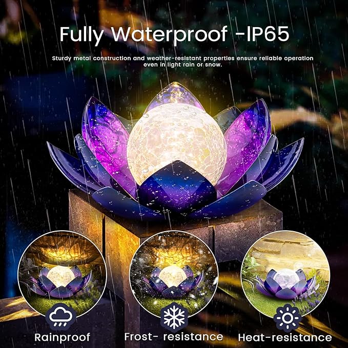 Huaxu Solar Lights Outdoor Decor, Purple Lotus Flower Light, Waterproof LED Crackle Globe Glass Lamp for Garden, Patio, Yard, Porch, Pathway, Ground, Tabletop Gifts for Mom,Women