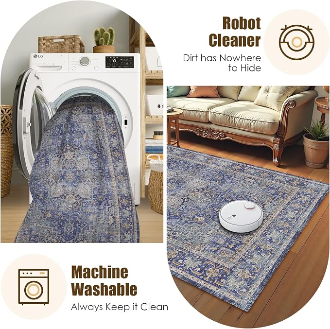 Washable Area Rug 4' x 6' Vintage Traditional Persian Mat - Foldable Distressed Non-Slip Machine Washable Carpet for Living Room Bedroom Kitchen Home Decor - Indigo and Gold