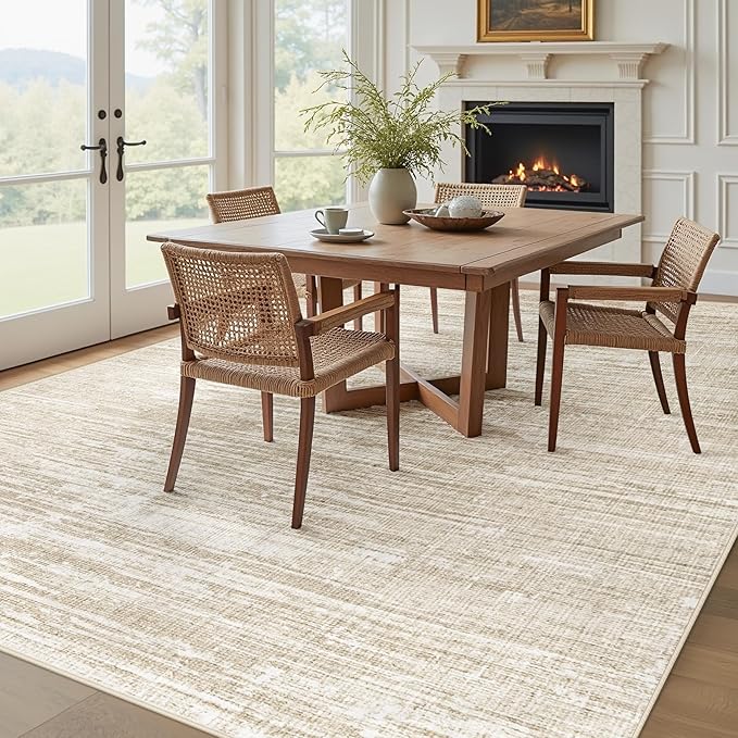 Living Room Rugs 8x10: Washable Moroccan Geometric Boho Rug Farmhouse Non Slip Stain Resistant Large Rug Low Pile Soft Carpet for Bedroom Dining Room Children Room (Camel,8'x10')