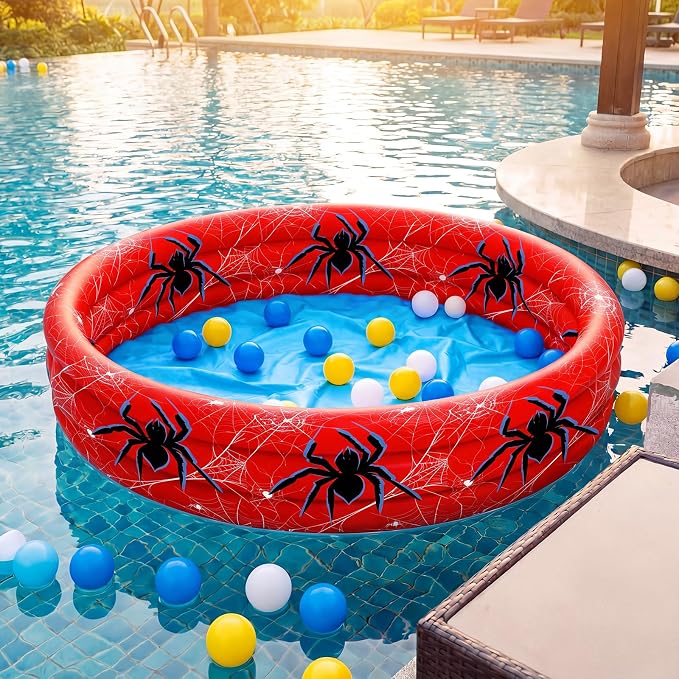 Arrowbash Spider Inflatable Pool 49" x 10" Red Spiderweb Swimming Pool | 3 Ring Design for Boys Girls, Spiderweb Pattern, Portable Blow up Pool, Summer Backyard Water Splash, Indoor Outdoor