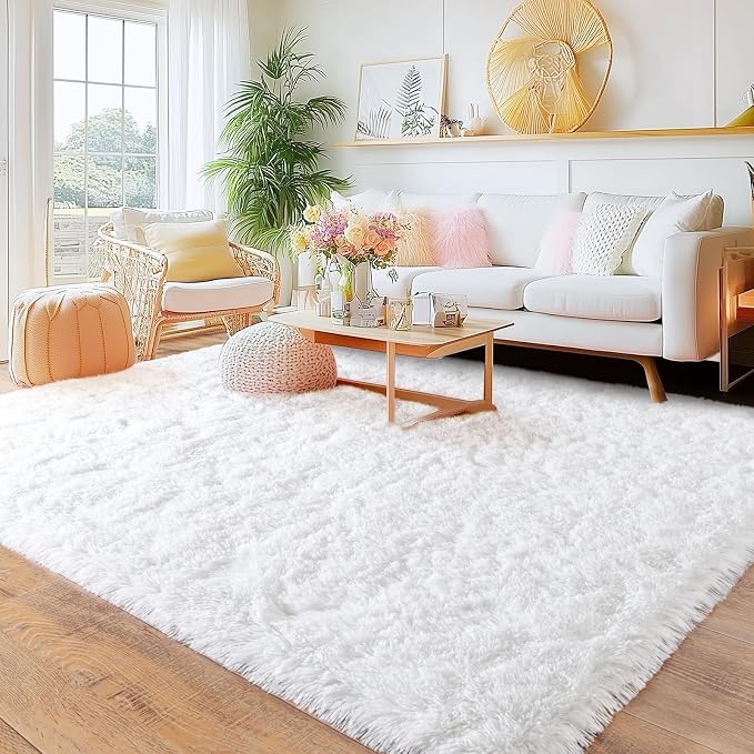 White Rugs for Living Room, Ultra Fluffy Fuzzy Shag 6x9 Area Rug for Bedroom, Modern Plush Soft High Pile Upgrade Non-Slip Carpet for Kids Girls and Boys, Dorms, Nursery, Home Decor Aesthetic