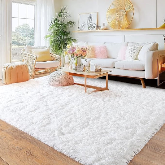 White Rugs for Bedroom, Ultra Fluffy Fuzzy Shag 5x7 Area Rug for Living Room, Modern Plush Soft Upgrade Non-Slip Carpet for Kids Girls and Boys, Dorms, Nursery, Home Decor Aesthetic