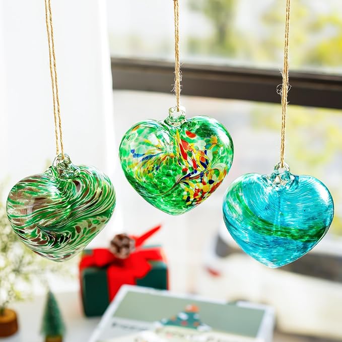 Set of 3 Blown Glass Heart Ornaments Hanging Green Gazing Balls for Outdoor | Hand-Blown Craftsmanship, Easy-Hang Lanyard Design for Indoor & Outdoor Hanging