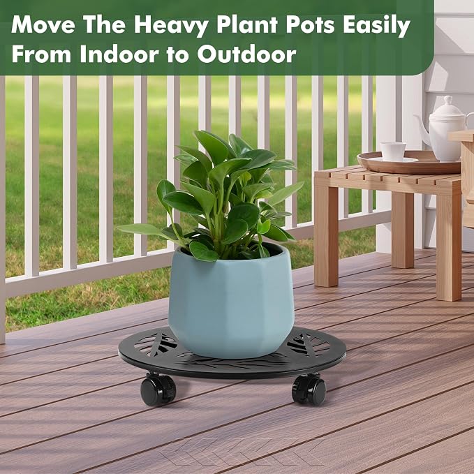 Planterhoma 2 Packs 12 Inch Rolling Plant Stand with Wheels Metal Plant Caddy with Wheels Heavy Duty Plant Rollers with Wheels Round Wrought Iron Plant Stand with Clear Saucers, Matte Black