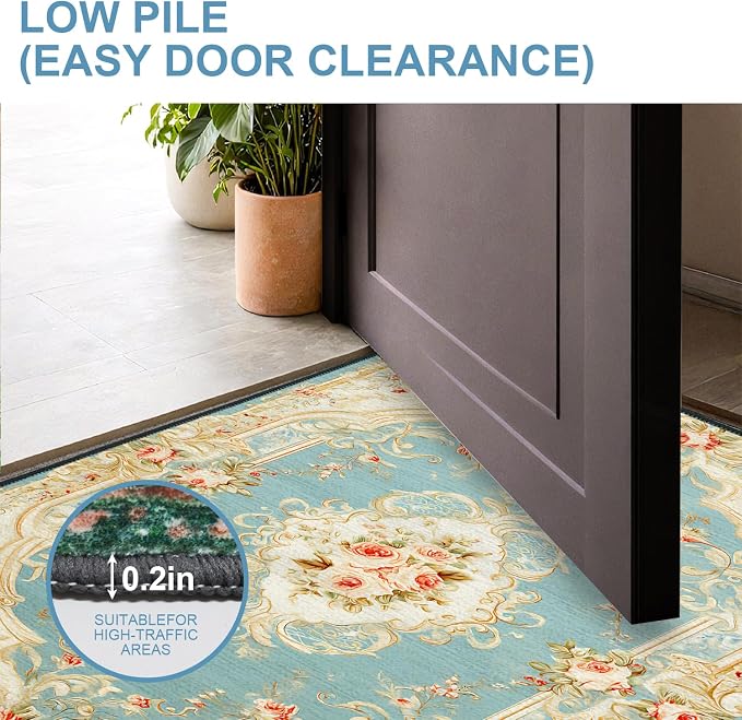 Pink Floral French Country 2x3 Entry Rug,Washable Small Rugs for Entryway Kitchen Bathroom Door Mat Indoor Entrance,Non Slip Rubber Backing,Stain & Fade Resistant,Elegant Vintage Decor