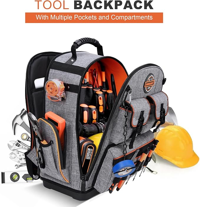 Tool Backpack Heavy Duty – LOKASS Tool Backpack with Molded Base, 1680D Tool Organizer with Laptop Compartment & Combination Lock, Water-Resistant Electrician & HVAC Tool Bag, Stands Upright
