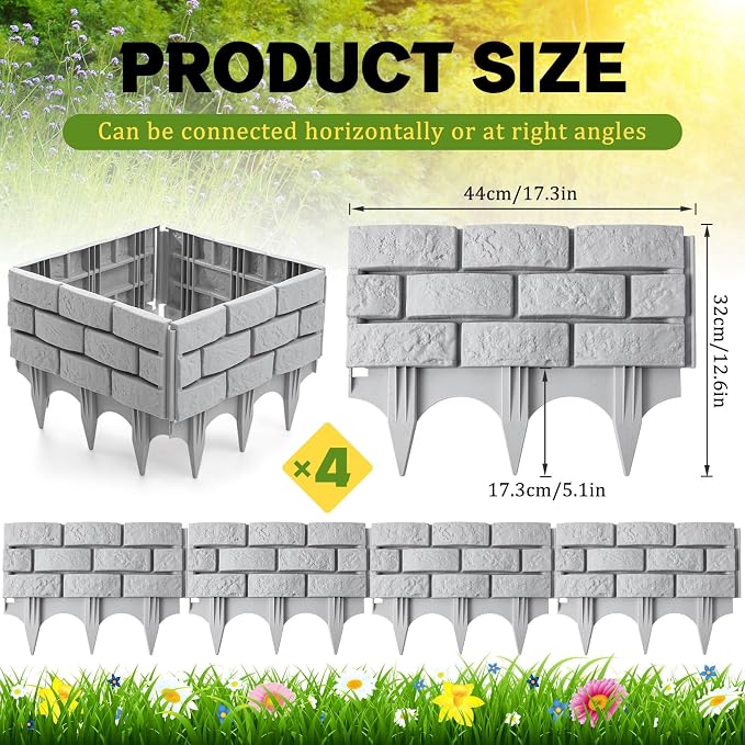 Landical 4 Pcs Imitation Stone Garden Fence, Faux Stone Retaining Wall Look Garden Bricks Border with Ground Stakes, 17.3 x 12.6 in Gray Plastic Edging Blocks for Flower Beds, Lawn, Mulch (Gray)