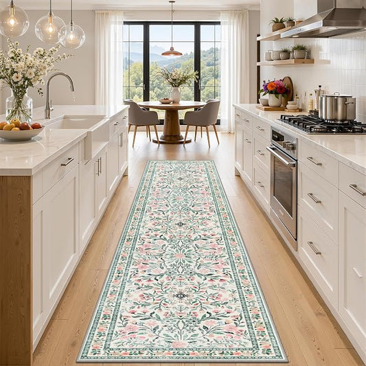 PLHXFR 3x10 Washable Runner Rug：Floral Indoor Kitchen Carpet Green Beige | For Hallway Bedroom Kitchen Laundry Bathroom Dorm,Vintage Floral,Machine washable,Non Slip,Stain Resistant,Indoor Floor