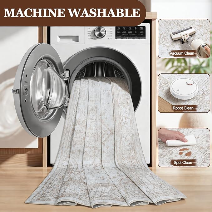 10x14 Washable Area Rugs for Living Room Beige Non-Slip Rug | Vintage Medallion Rug，Soft Low Pile Large Rugs，Indoor Retro Carpet for Bedroom Nursery Dining Table Farmhouse Home Office