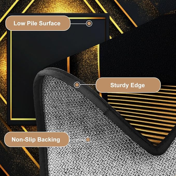 10x14 Area Rugs for Living Room Black Gold Geometric Stripe Decorative Repeated Patterns Radiating Washable Large Area Rug for Bedroom Non Slip Outdoor Carpets Soft Mats Kitchen Home Office Decor