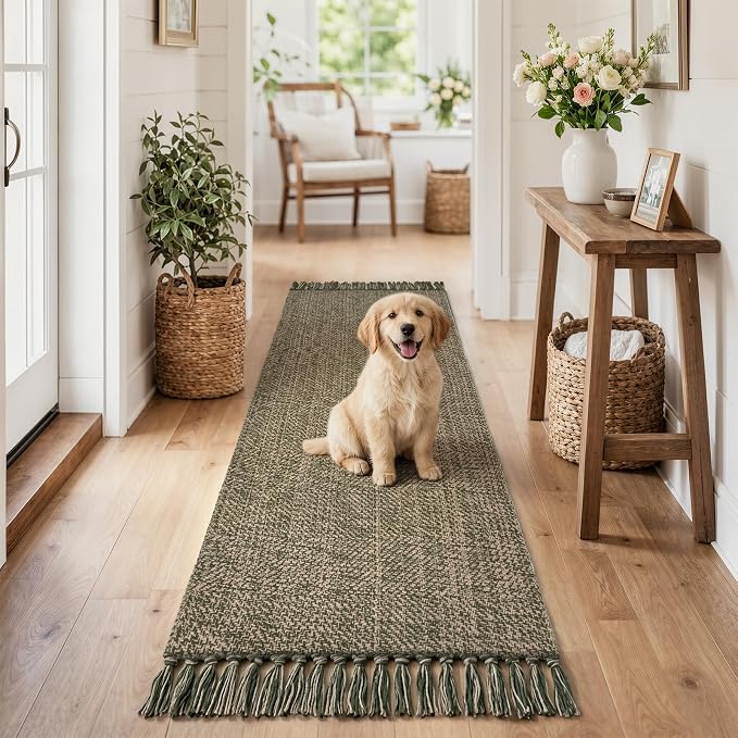 Boho Kitchen Runner Rug 2' x 6', Modern Farmhouse Bathroom Mat | Washable Moss Green Hallway Runner Rugs Hand-Woven Reversible Bedroom Carpet for Laundry Entryway Home Decor
