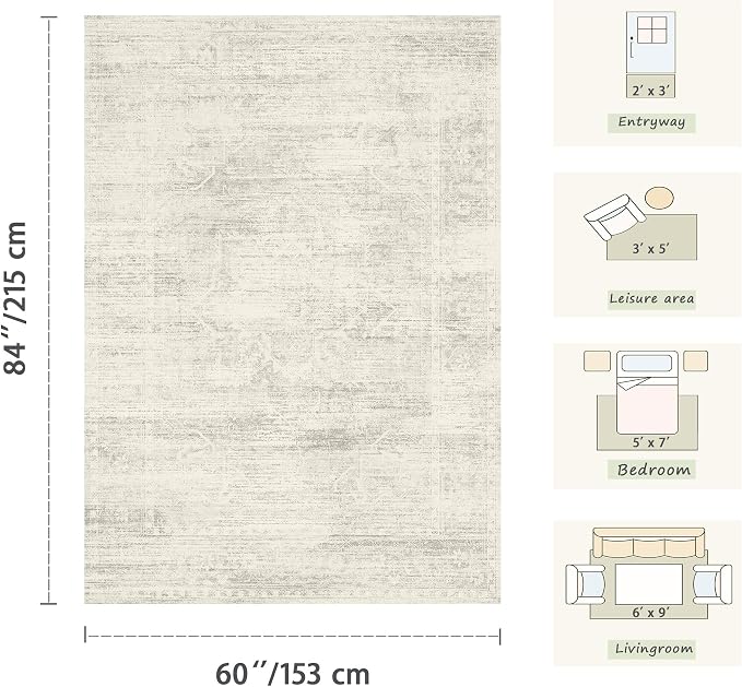 Latte&Fog 9x12 Area Rugs for Living Room Washable Ivory Area Rugs Large | for Bedroom Dining Kitchen Kids Playroom Nursery Classroom Dorm Farmhouse Office, Non Slip Low Pile Soft Floral Carpet Indoor