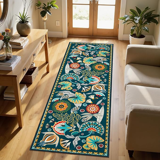 Joydeco Egypt Floral Boho 2x6 Washable Kitchen Hallway Bathroom Rug Runner | Dark Green Botanical Colorful Non Slip Stain Resistant Low Pile Flower Indoor Carpet Runner for Entryway Laundry Room Bedroom