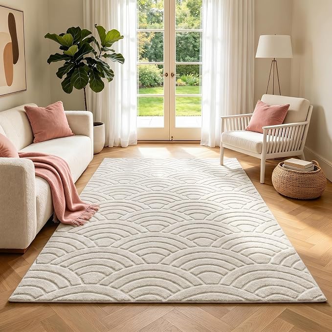 SHACOS Soft Cozy Fluffy Arch Waves Pattern High-Low Textured Area Rug 4'x6' | Non Slip Washable Minimalist Modern Graphic Rainbow Carpet for Living Room Bedroom Bathroom Dining Room, Cream