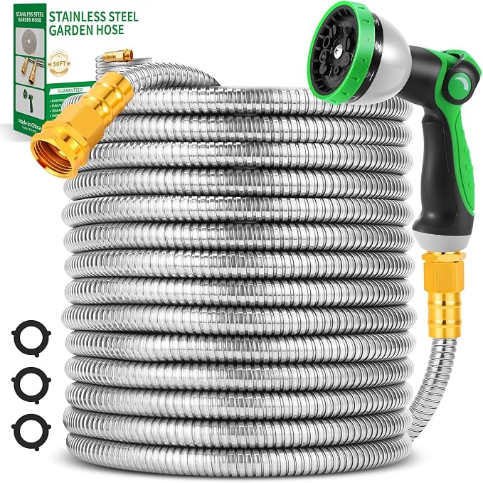 Garden Hose 50FT, Flexible Stainless Steel Metal Water Hose with 10-Function Nozzle, No-Kink, Leak-Proof, Wear-Resistant, 3/4 GHT, Easy to Use and Store for Garden, Yard, Lawn, Outdoor