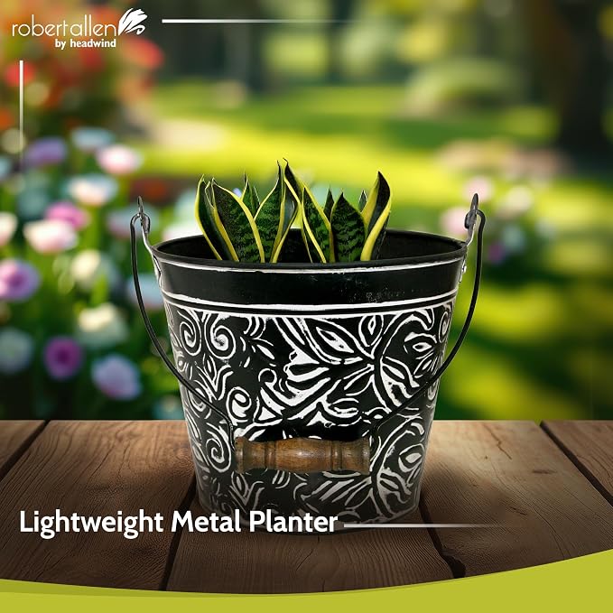 Headwind Vintage Collection - Floral Charcoal Planter with Handles – 8 Inch Medium Flower Pots Decorative Plant Indoor – Plant Pots Indoor with Drainage By Robert Allen