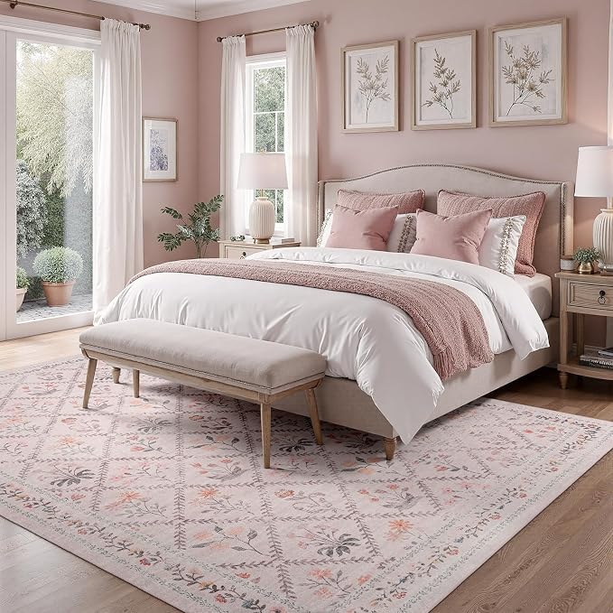 DCX Washable 6x9 Pink Floral Rug for Girls Bedroom | Soft Cottagecore Rug for Baby Girl Nursery, Non Slip Low Pile, Kid & Pet Friendly Vintage Botanical Carpet
