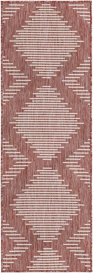 Unique Loom Outdoor Modern Collection Area Rug - Tambor (2' x 6' 1" Runner, Rust Red/ Ivory)
