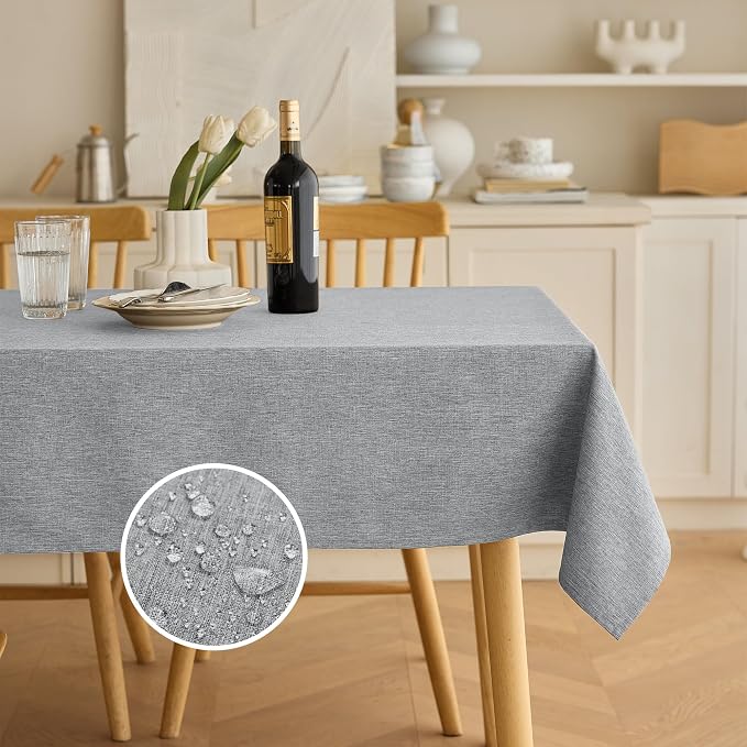 Decorelia Waterproof Faux Linen Rectangle Tablecloth, Spillproof Wrinkle Free Outdoor Reusable Table Cloth for Holiday, Banquet, Party, Buffet Dinner (Oblong,60 x 120 Inch (10-12 Seats), Cool Grey)