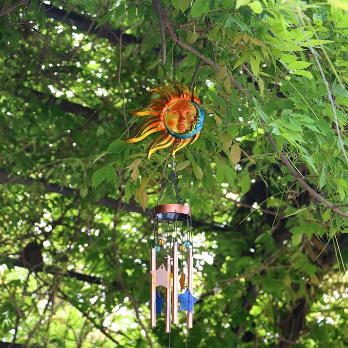 Sun with Flame Wind Chime for Outside Decor, with Star Shape Suncatcher | BVLFOOK; Aluminium Tubes; Wind Chimes; Hanging for Porch Patio Balcony Décor; 37 Inch; indoor & outdoor
