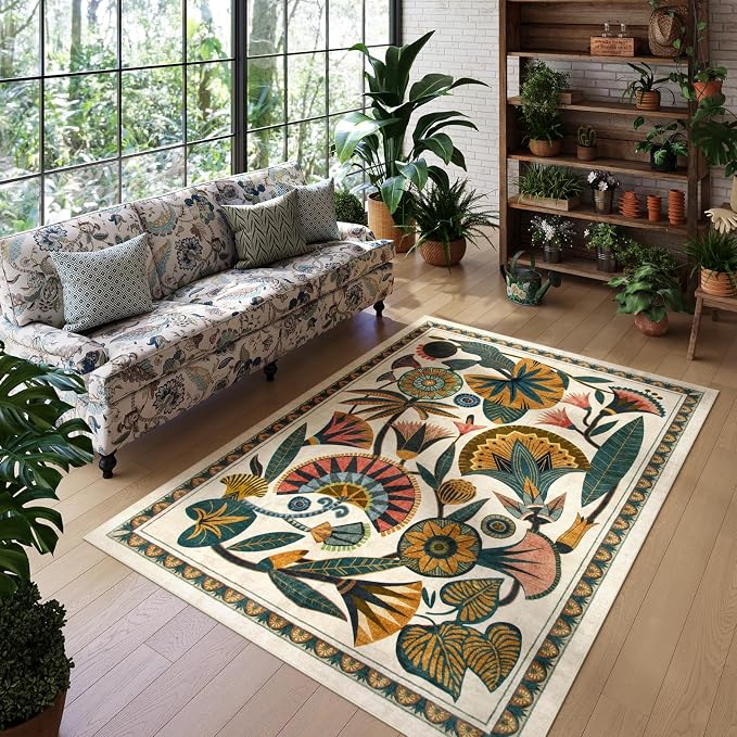 Zealude Egypt Floral Washable Area Rugs for Living Room 5x7 Boho Large Vintage Beige Bedroom Dining Room Rug,Non Slip Soft Throw Carpet for Entryway Kitchen Office Hardwood Playroom (5 x 7)