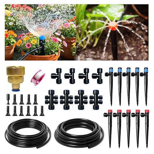 Brass Connector Drip Irrigation System, Quick-Connect Garden Watering System Kit with Adjustable 360° Umbrella & Drip Emitters for Greenhouse, Garden Grid, Lawn, Potted Plant (15FT+ 50FT)