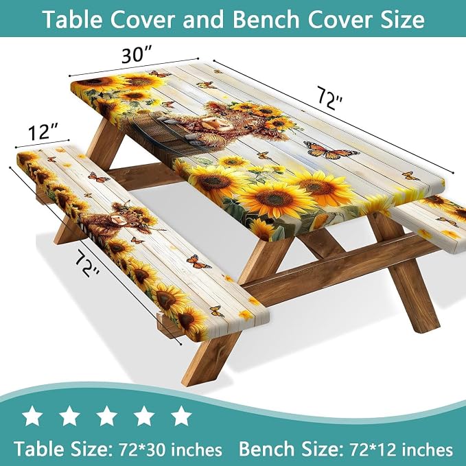 Sunflower Cow Picnic Table Cover with Bench Covers and Bag, Cute Calf Wooden Camper Waterproof Windproof, Fitted Tablecloth Cover with Elastic Edge, for Indoor & Outdoor, Garden, Camping, 30x72 Inch