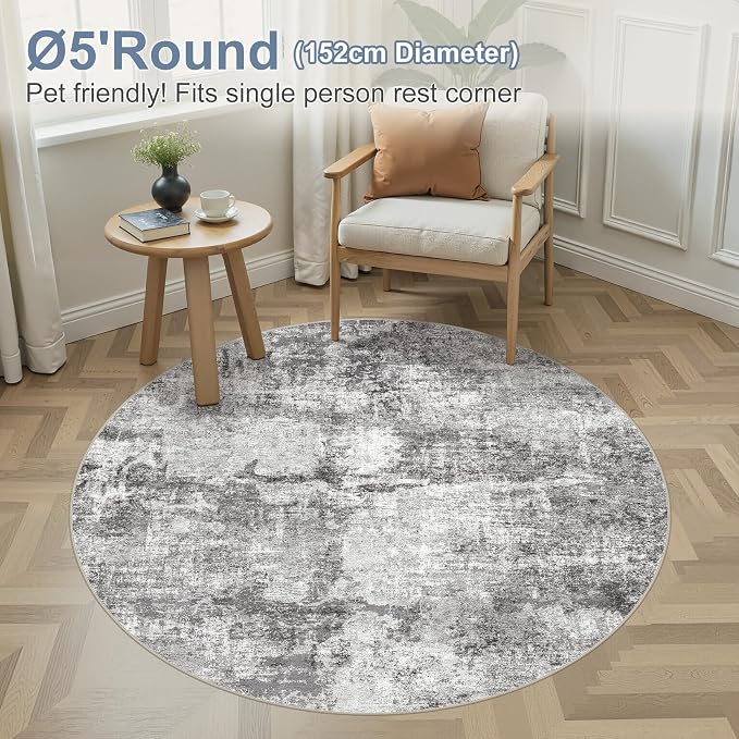 DMOYEST 5ft Round Area Rug for Living Room Washable Non Slip Circle Rug | 5x5 Neutral Modern Abstract Low Pile Rugs Kid & Pet Friendly Soft Carpet for Bedroom and Dining Room - Grey