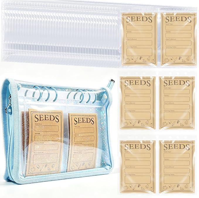 Seed Storage Organizer Binder, Seed Packet Organizer with 160 Pockets(80 Pack Resealable Seed Envelopes),3.9x5.3 Inch Clear Sleeves, Seed Saver for Garden Lover(Blue)