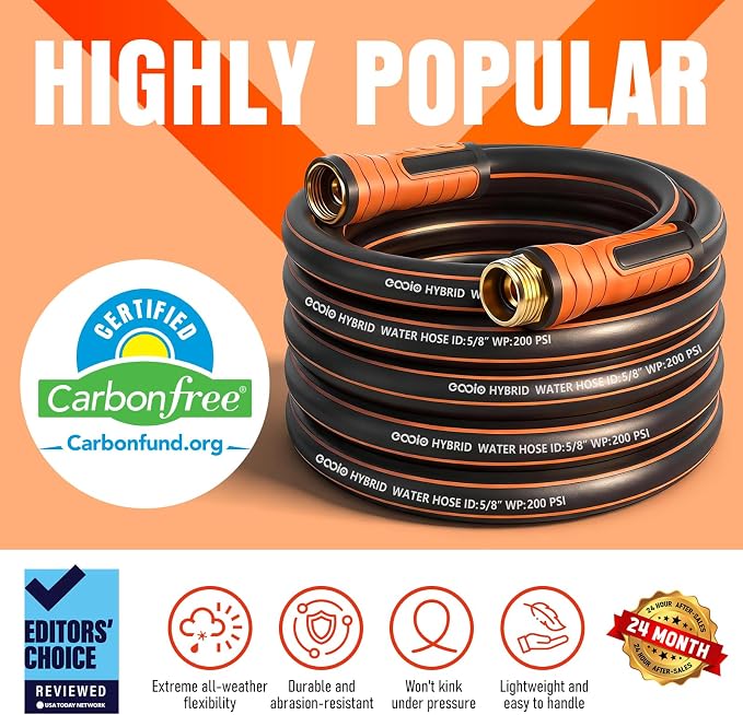 Garden Hose 75 ft x 5/8", Heavy Duty Water Hose, Flexible and Durable, Kink Resistant Lightweight Hybrid Hose, Leakproof Yard Hose with Male to Female Fittings