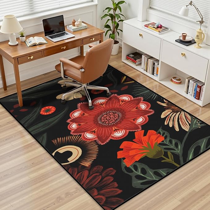 Tyrot Vintage Boho Floral 3x5 Washable Area Rug Flat Woven Ultra-Thin Low-Pile Botanical Rugs Non-Slip Indoor Rug for Bedroom, Entryway, Kitchen, Dorm, Kids Room, Nursery, Black Red