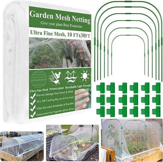 Garden Mesh Netting Kit, Plant Covers 10x30Ft Ultra Fine Mesh Netting & 6Pcs Garden Hoops &18 Clip, Garden Netting Kit for Raised Beds Plants Pest Barrier Greenhouse Row Cover Animal Protection Net