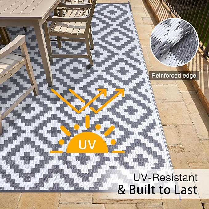 OLANLY Waterproof Outdoor Rug 9x12 ft, Outdoor Plastic Straw Rug for Camping, RV Mat Outside, Outdoor Carpet for Porch, Deck, Backyard, Balcony, Picnic, Grey & White