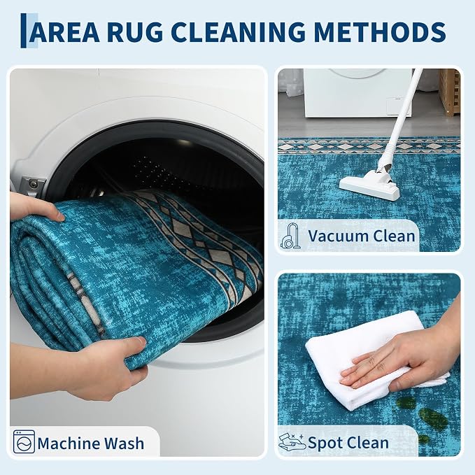 Garvee 5x7 Area Rugs Vintage Border Washable Rugs Living Room, Teal | Boho Area Rug Stain Resistant Easy Cleaning Throw Rugs Non Shedding Low Pile Floor Cover for Nursery Dining Room