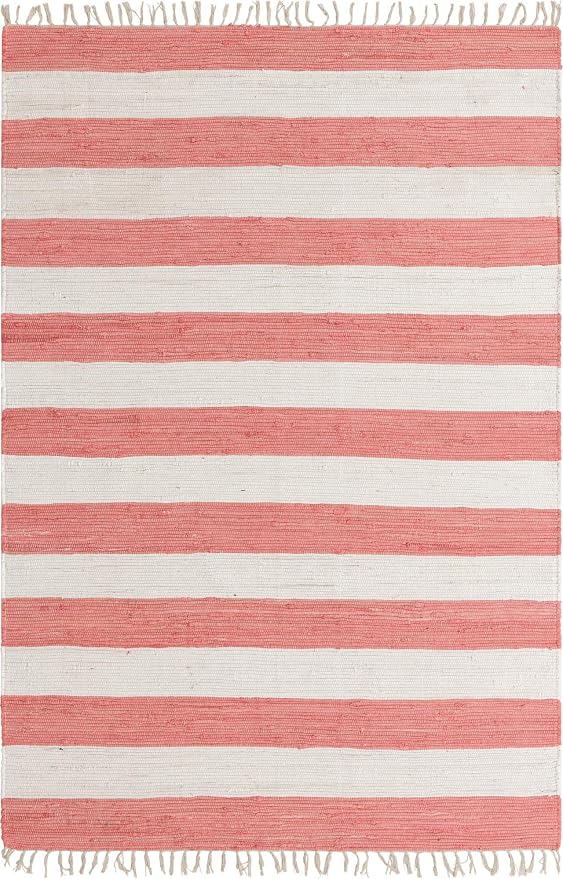 Unique Loom Chindi Rag Collection Area Rug - Striped (6' 1" x 9' Rectangle, Coral and Ivory)