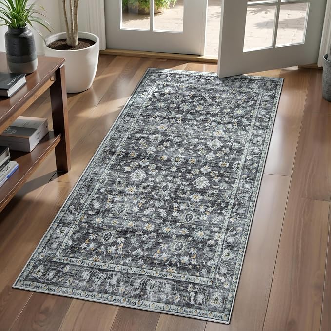 Ciicool Boho Grey 2x4 Runner Rug Entrance Small Rug Vintage Floral Soft Non-Slip Kitchen Washable Area Rugs for Hallway Foyer Bathroom Laundry Room Bedroom Decoration