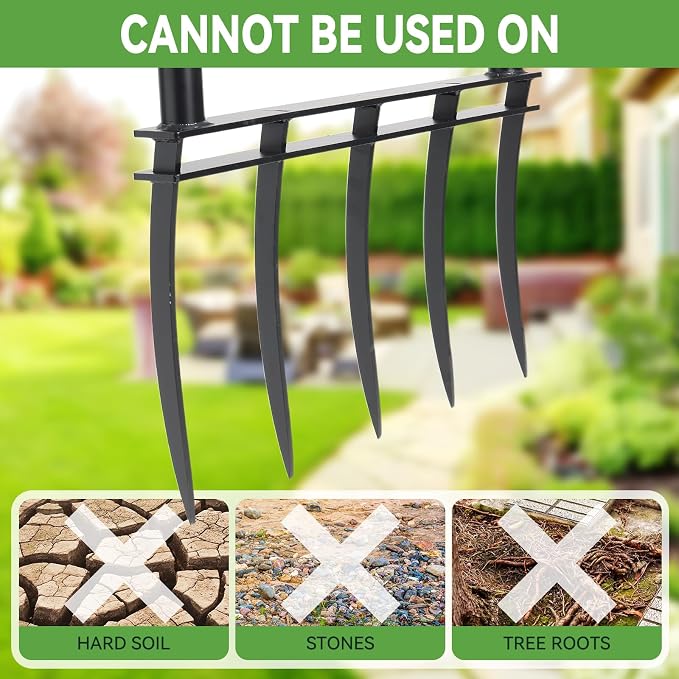 Broadfork Garden Tool, Heavy Duty 5-Tine Hand Tiller with 12" Sharp Tines and 2" Wide Foot Bar, Steel Soil Aerator Digging Fork for Loosening Compacted Soil, Garden Beds, Lawn and Yard