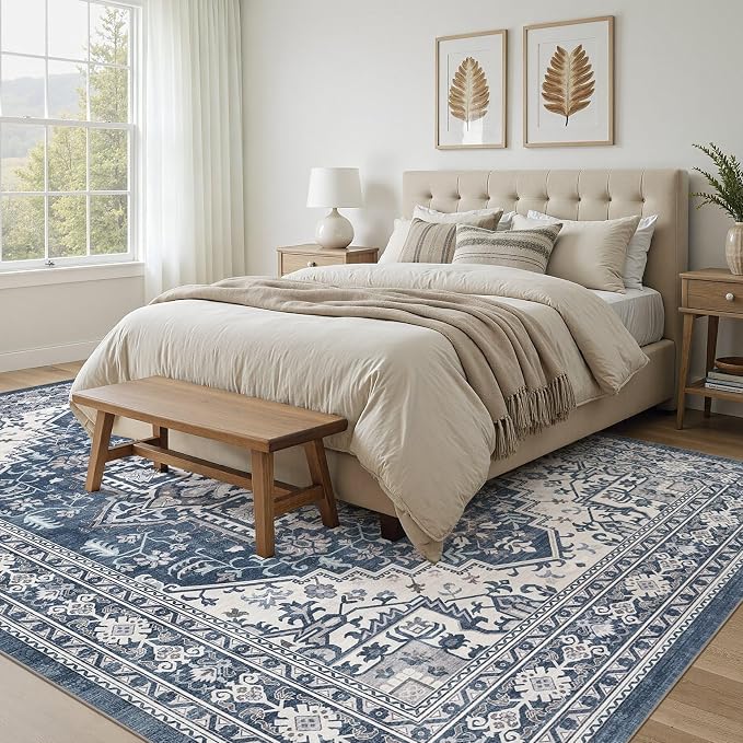UERMEI 10x14 Area Rug for Living Room - Washable Vintage Carpet, Non-Slip Soft Large Indoor Floor Rugs for Bedroom Home Office & Under Dining Table Decor, Denim Blue/White