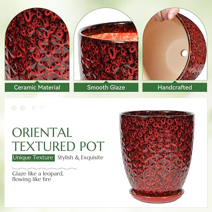 9.5 Inch Flower Pots for Indoor Plants,Ceramic Planter with Saucer Drainage Leak-Proof Mesh Gardening Gloves (Diamond Red)