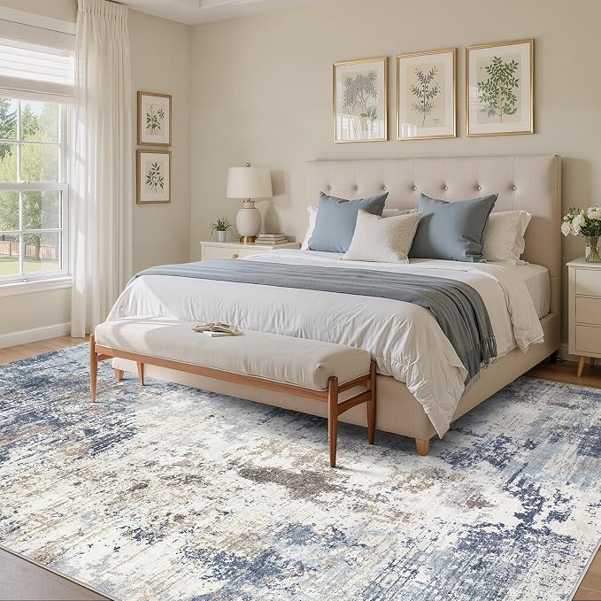 UERMEI 9x12 Area Rug Living Room Rugs - Washable Neutral Modern Abstract Soft Thin Large Rug Indoor Floor No Slip Rug Carpet for Bedroom Under Dining Table Home Office Decor- Denim Blue