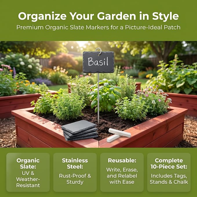 Large Slate Plant Labels, Garden Plant Labels Tags, Plant Markers 10 Sets | Natural Weatherproof Garden Signs with Metal Stakes and Chalk Pencils, for Outdoor Plants Vegetables Herb Flower Bed Pots