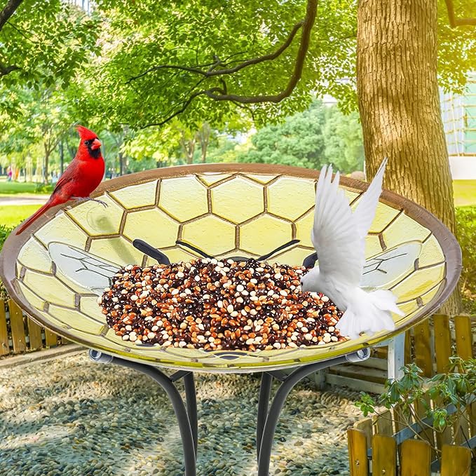 MUMTOP Bird Baths for Outdoors - Bee Large Glass BirdBath Bowl with Metal Stand, Outdoor Garden BirdBaths for Outside Lawn Yard Decor
