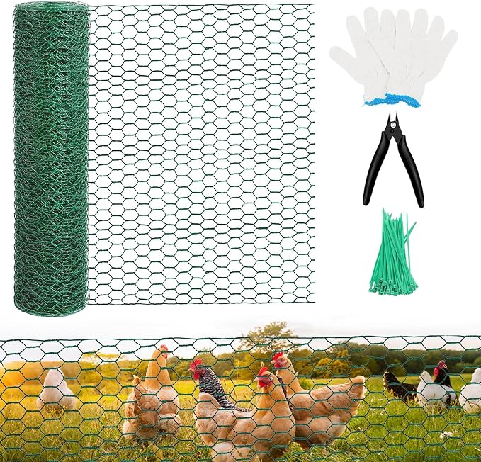 Chicken Wire for Floral Arrangements - Hexagonal Galvanized PVC Coated Poultry Wire Mesh Netting with Gloves, Wire Cutter & Zip Ties for Crafts, Poultry, Gardening Fence (15.7 x 196 lnches)