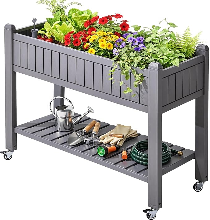 YITAHOME 3.6x1.5x2.8 FT Elevated Garden Bed Kit with Legs and Wheels, Outdoor Large Resin Planter Box Stand with Drain Plug and Storage Shelf for Plants Vegetables Fruits, Light Brown